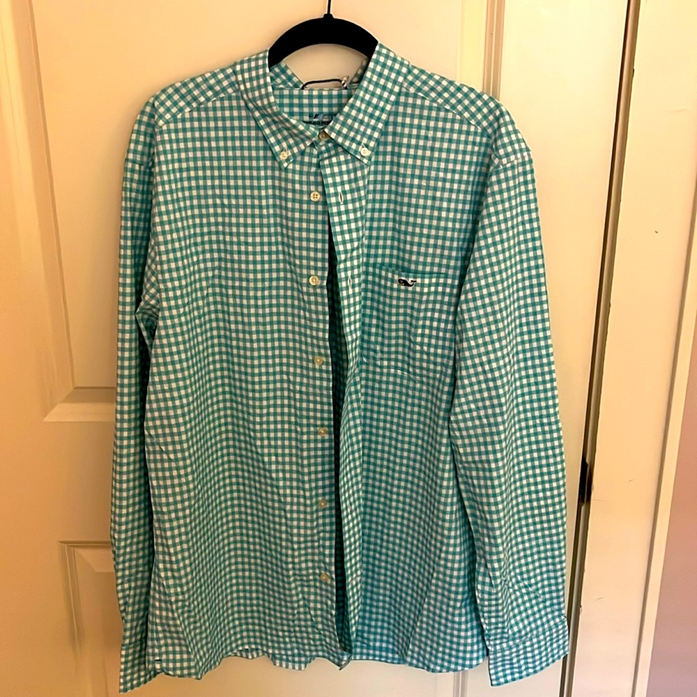 Vineyard Vines Gingham On-The-Go Nylon Shirt (Aqua Ocean)